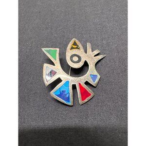 Vintage Peruvian Modernist Silver Enamel Brooch Bird Abstract Face Marked 925